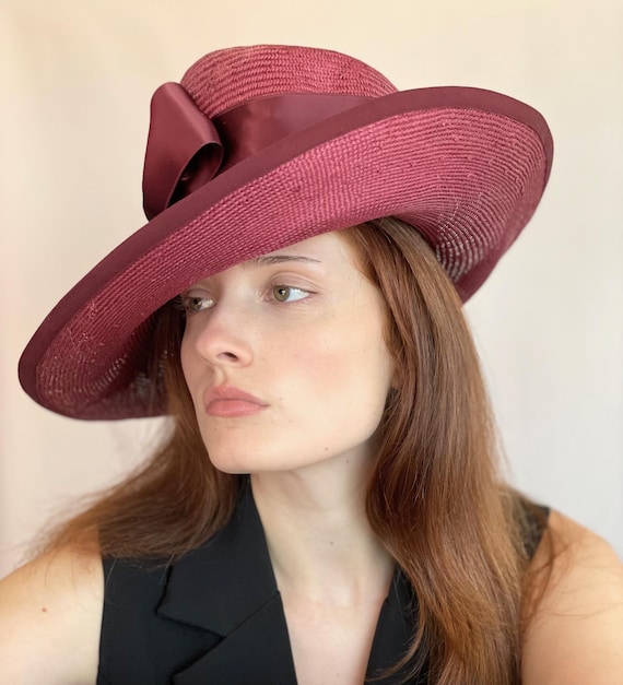 Women's Formal Wine Wide Brim Hat, Derby Hat Wedding Guest Hat Royal Ascot Hat Ladies Wine Straw Hat, Wide Brim Hat Fedora Princess Kate Hat