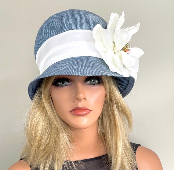 Women's Blue Summer Hat, Cloche Hat, Easter Hat, Boho Hat, Wedding Hat, Derby Hat, Downton Abbey Hat, Ladies Formal Hat, 1920s 1930s hat
