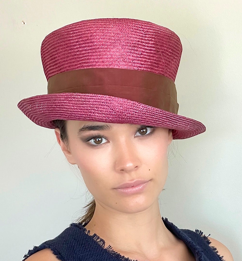 Women's Wine Cranberry Dress Hat, Ladies Formal Straw Hat, Wedding Hat