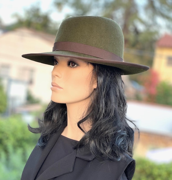 Olive Green Fedora Handmade Wool Felt Hat Olive and Brown Fall Winter Hat For Men and women Diane Keaton Annie Hall Hat, Johnny Depp Fedora