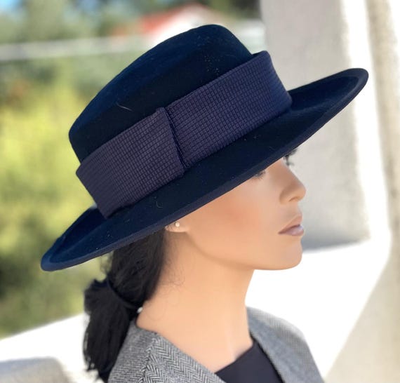 Women's Navy Wide Brim Felt Hat Formal Navy Blue Hat Wedding Guest Hat Dressy Winter Felt Hat Cheltenham Races Hat Navy Derby Hat Millinery