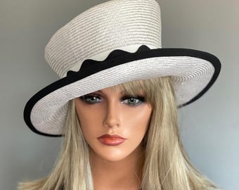 Wedding Hat, Women's Formal Black and White Hat Church Hat, Breeder's Cup Hat Tea Garden Party Hat, Derby Hat, Wide Brim Black and White Hat