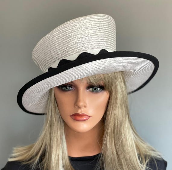 Wedding Hat, Women's Formal Black and White Hat Church Hat, Breeder's Cup Hat Tea Garden Party Hat, Derby Hat, Wide Brim Black and White Hat
