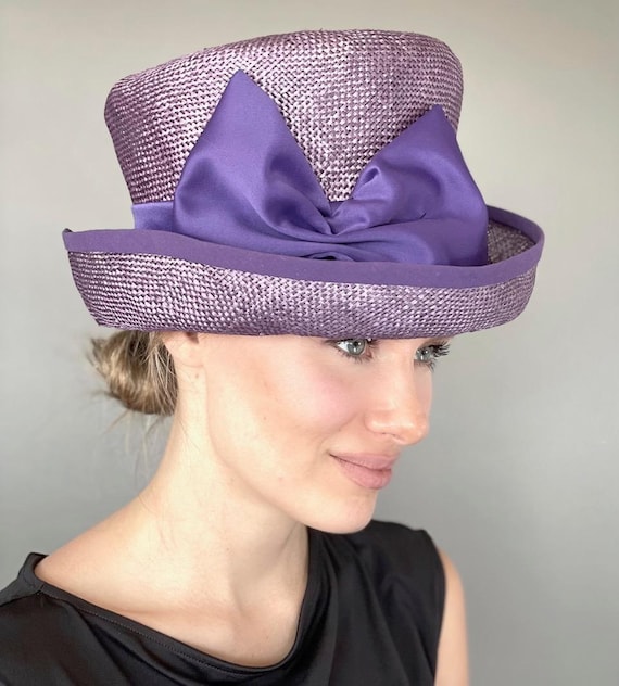 Women's Purple Top Hat, Formal Purple Straw Hat, Wedding Guest Hat, Kentucky Derby Hat, Ladies Summer Straw Hat Garden Party Hat, Church Hat
