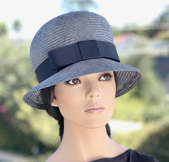 Women's Formal Navy Blue Cloche Hat, Wedding Guest Hat, Women's 1920s 1930s Hat, Kentucky Derby Hat, Derby Races Hat, Church Hat,  Ascot Hat