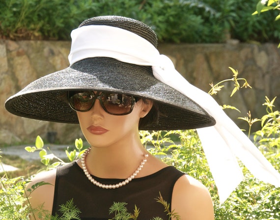Wedding Hat Women's Kentucky Derby Hat Breakfast at Tiffany's Hat,  Audrey Hepburn Hat Wide Brim Hat Black & White Hat Breeder's Cup Hat