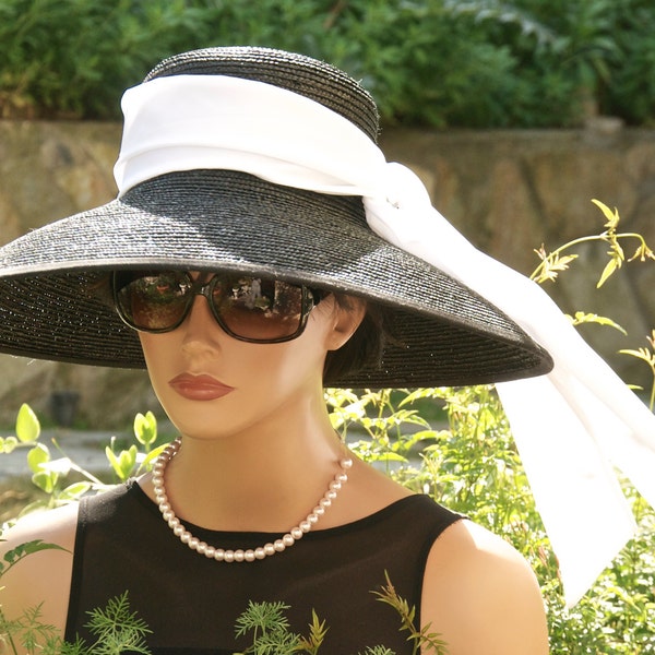 Bruiloft hoed Dames Kentucky Derby Hat Breakfast at Tiffany's Hat, modevak, Audrey Hepburn Hat Ascot Hat Wide Brim Hat Zwart-witte hoed