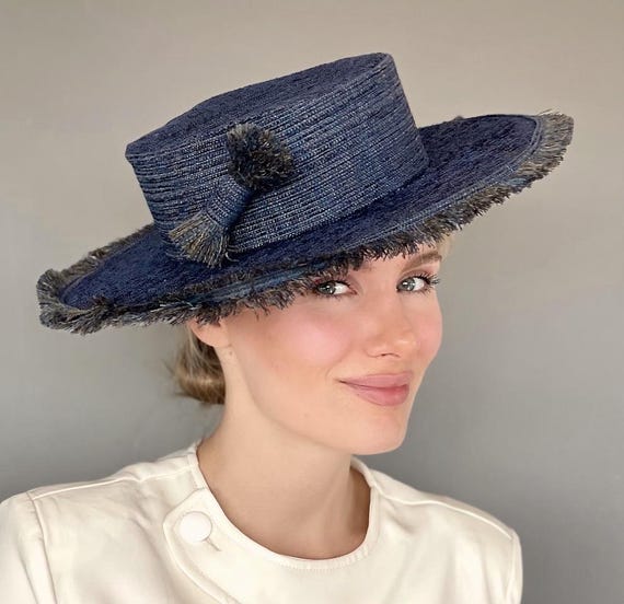 Women's Navy Blue Boater Hat, Kentucky Derby Boater Hat, Women's Formal Navy Hat Wedding Hat, Royal Ascot Hat, Church Hat, Couture Millinery
