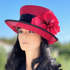 Women&#39;s Formal Red Hat Wedding Guest Hat Women&#39;s Derby Hat Ladies Red & Black Hat Mother of Bride Hat Mother of Groom Hat Downton Abbey Hat