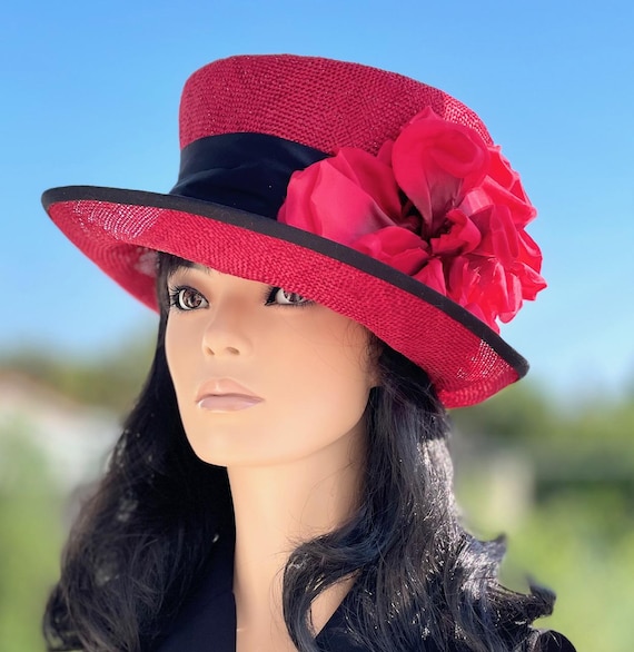 Women's Formal Red Hat Wedding Guest Hat Women's Derby Hat Ladies Red & Black Hat Mother of Bride Hat Mother of Groom Hat Downton Abbey Hat