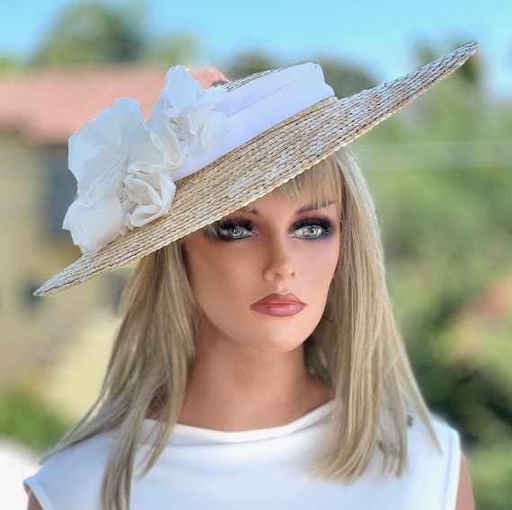 Women's Straw Boater Hat, Celebrity Ginnifer Goodwin's Hat, Wedding Guest Hat, Derby Hat, Tea Party Hat, Races Hat, Regatta Boater Ascot Hat