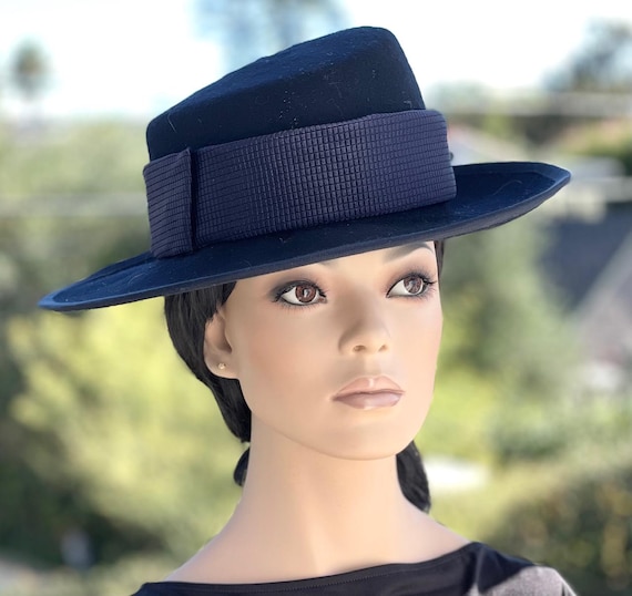 Women's Navy Wide Brim Felt Hat Formal Navy Blue Hat Wedding Guest Hat Dressy Winter Wool Felt Hat Occasion Hat Navy Derby Hat Millinery