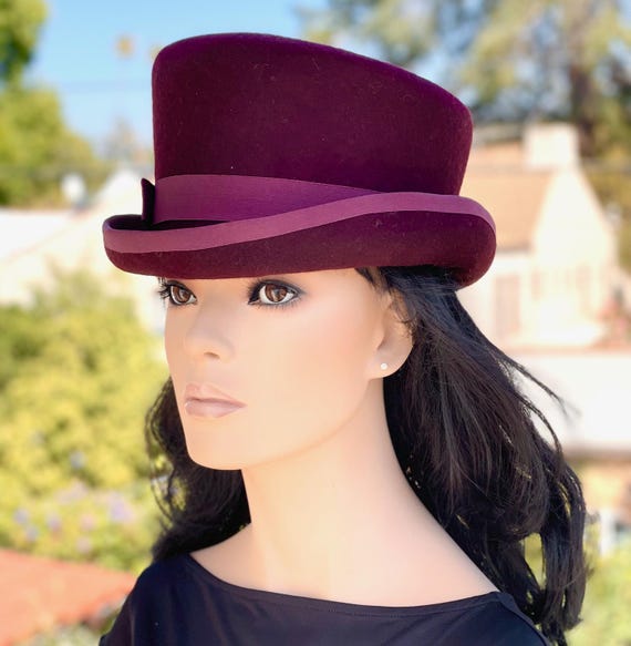 Women's Burgundy Wool Felt Top Hat, Ladies Wine Fall Winter Formal Hat, Tailored Derby Hat Races Hat, Wedding Guest Hat, Cheltenham Race Hat