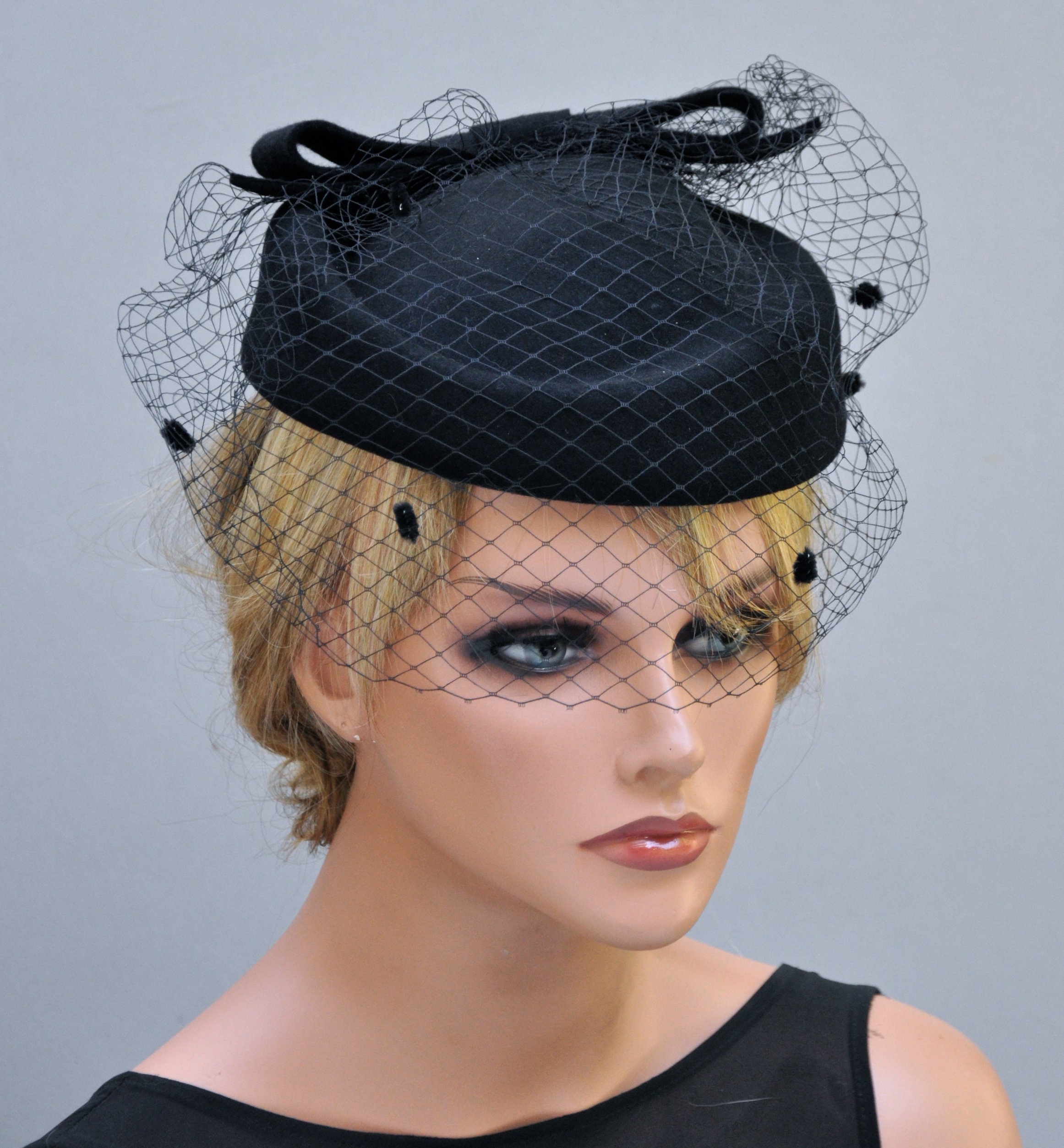 Womens Black Pillbox Hat Black Felt Veil Hat Church Hat Ladies