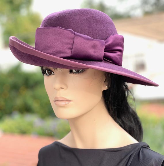 Women's Purple Wide Brim Formal Winter Wool Felt Hat Wedding Guest Hat, Women's Derby Hat Winter Church Hat, Handmade Millinery Occasion Hat