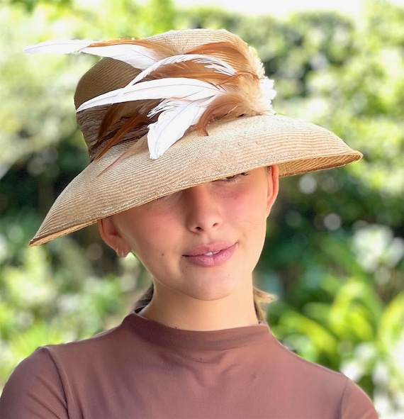 Women's Formal Straw Feather Hat, Wedding Hat, Derby Hat, Dapper Day Hat