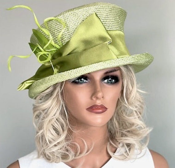 Kentucky Derby Hat, Wedding Hat, Women's formal green hat, Women's Straw Top Hat, church hat, Mad hatter, race hat, Ascot hat, Tea Party Hat