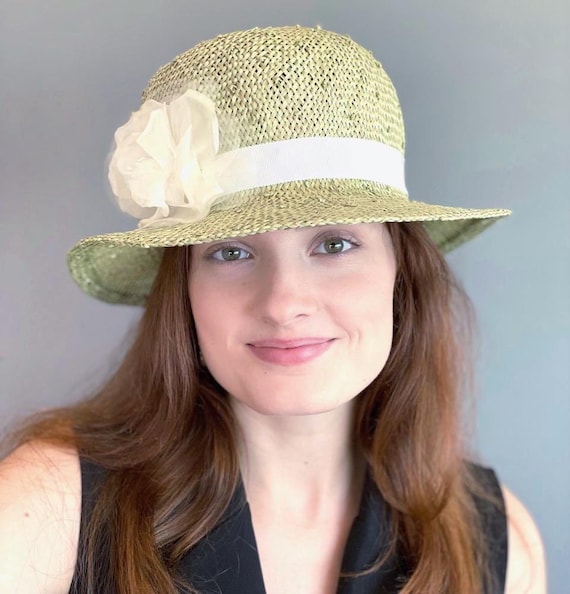 Women's Light Green Formal Straw Hat  Wedding Guest Hat, Derby Hat, 1930s Cloche Hat, Garden Party Hat, Church Hat,  Tea Party Hat