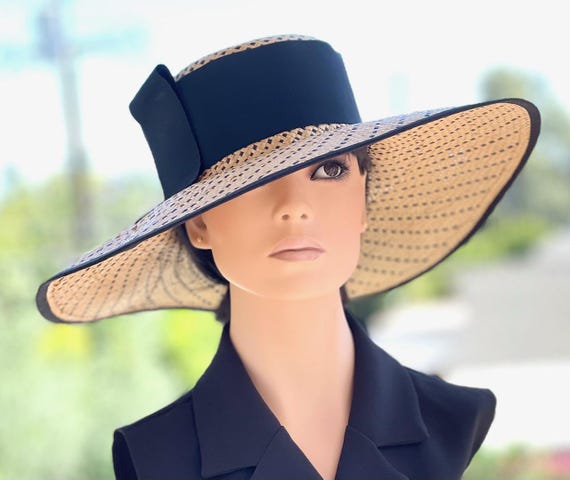 Women's Derby Hat,  Sun Block Hat, Black and Tan Wide Brim Straw Summer Hat, Wedding Hat, Garden Party Hat