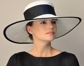 Ladies Black & White Hat, Wedding Hat, Kentucky Derby Hat, Royal Ascot Hat, Wide Brim Hat, Formal Hat, Church Hat