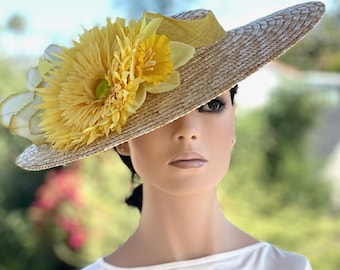 Women's Formal Yellow Wide Brim Hat, Wedding Guest Hat, Yellow Derby Hat, Wedding Hat Boater Hat, Church Hat Occasion Hat, Garden Party Hat