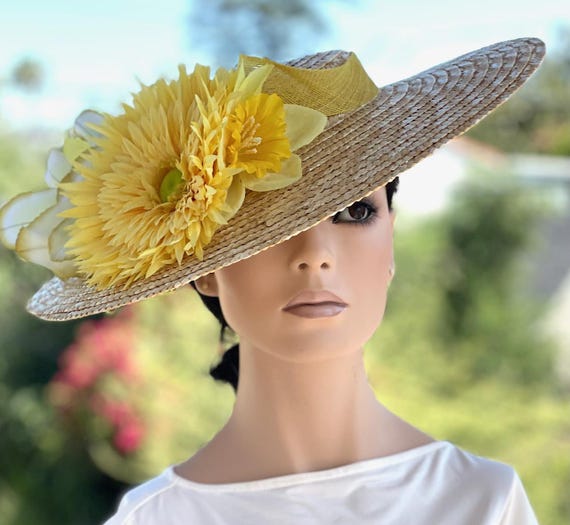 Women's Formal Yellow Wide Brim Hat, Wedding Guest Hat, Yellow Derby Hat, Wedding Hat Boater Hat, Church Hat Occasion Hat, Garden Party Hat