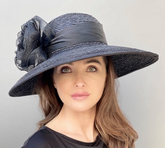 Wedding Guest Hat, Kentucky Derby Hat, Black Wide Brim Hat, Funeral Hat Audrey Hat Memorial Service Hat Formal Black Summer Hat Wedding Hat