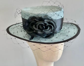 Women's Blue Boater Hat Formal Straw Royal Ascot Hat Ladies Light Blue Boater Hat Ladies Regatta Hat Vintage Edwardian Hat Dapper Day Hat