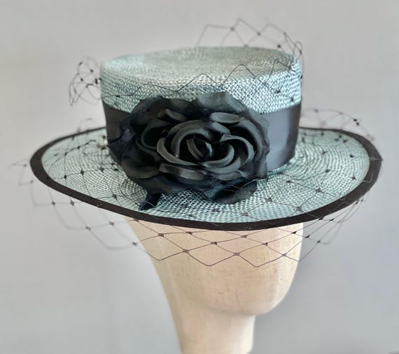 Women's Blue Boater Hat Formal Straw Royal Ascot Hat Ladies Light Blue Boater Hat Ladies Regatta Hat Vintage Edwardian Hat Dapper Day Hat