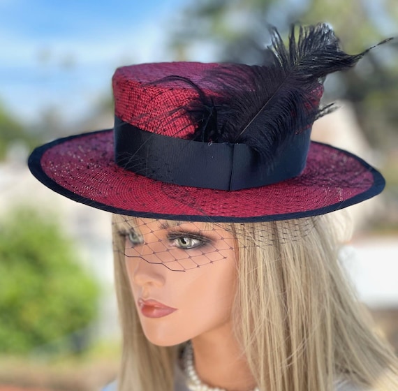 Red and Black Boater Hat, Kentucky Derby Hat, Royal Ascot Hat Women's Formal Straw Boater Hat Women's Formal Hat Ladies Dressy Red Black Hat