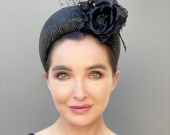 Women's Black Halo Headband Hat, Wedding Hat, Dapper Day Hat, Royal Ascot Hat, Women's Derby Races Hat, Ladies Black Hat, Tea Party Hat