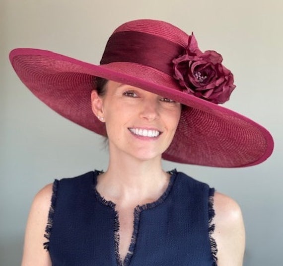 Kentucky Derby Hat, Women's Burgundy Wide Brim Hat, Wedding Hat, Church Hat, Formal Burgundy Hat, Big Occasion Hat, Garden Party Hat,