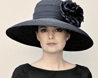 Ladies Black Hat, Kentucky Derby Hat, Black Wide Brim Hat, Funeral Hat, Preakness Belmont Hat, Formal Hat, Audrey Hepburn hat, Occasion Hat