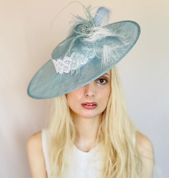 Women's Formal Light Blue Hat, Women's Derby Hat, Blue Saucer Disc Hat, Dressy Boater Hat Ladies Formal Hat, Races Hat, Special Occasion Hat