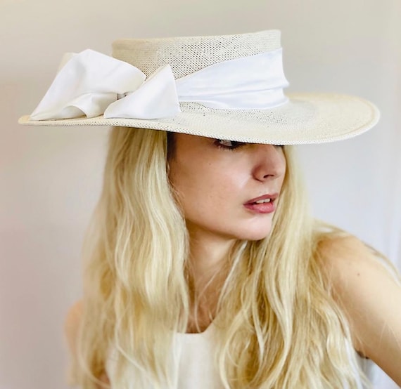 Ivory White Boater Hat, Wedding Hat, Ascot Hat, Women's Formal Wide Brim Hat, Ladies Ivory Racing Hat, Church Hat, Women's Derby Polo Hat,