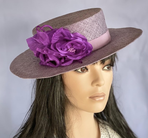 Women's Purple Formal Hat, Kentucky Derby Hat, Ladies Purple Straw Boater Hat Wedding Hat Royal Ascot Hat Dressy Hat Occasion hat Church Hat