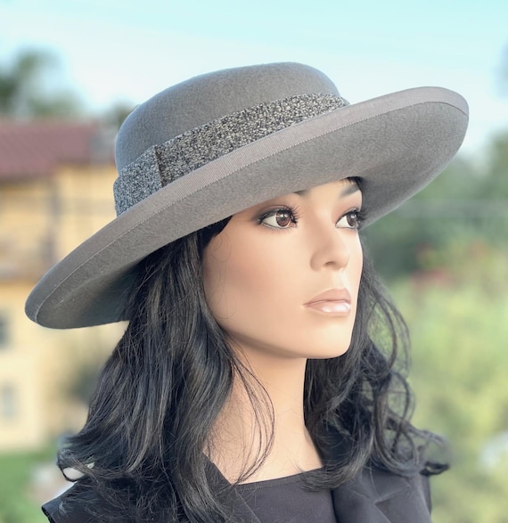 Gray Wool Felt Princess Kate Hat, Women's Wide Brim Fall Winter Gray Hat Wedding Guest Hat, Women's Formal Gray Winter Hat, Millinery,