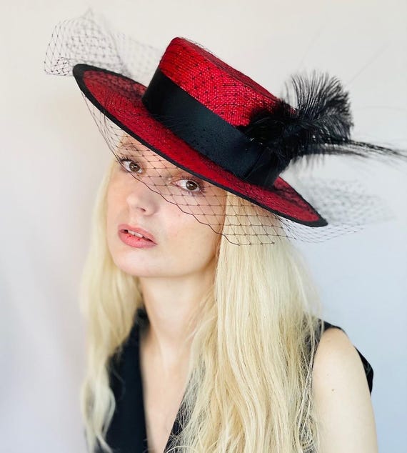 Red and Black Boater Hat, Kentucky Derby Hat, Royal Ascot Hat Women's Formal Straw Boater Hat Women's Formal Hat Ladies Dressy Red Black Hat