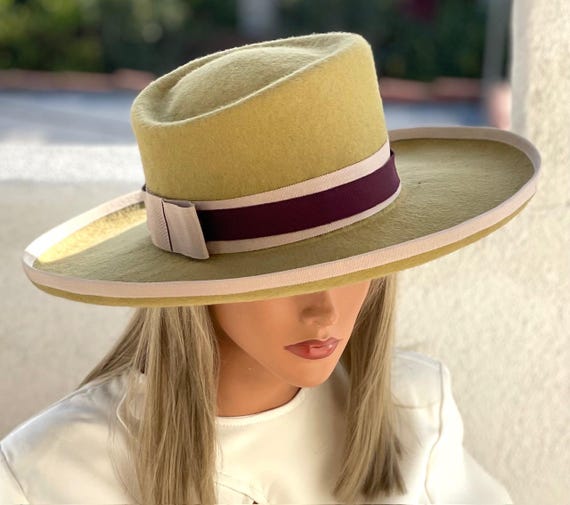 Olive Wool Felt Dress Hat, Tailored Olive Taupe Felt Hat, Winter Wedding Guest Hat, Wide Brim Woman's Formal Church Hat Cheltenham Races Hat