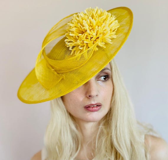 Derby Hat Wedding Guest Hat  Women's Formal Yellow Hat  Princess Kate Hat Wide Brim Yellow Church Hat Race Day Hat, Ascot hat Tea Party Hat