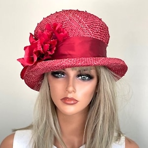 Wedding Hat, Derby Hat, Women's Red Summer Hat, Formal Red Straw Hat, Tea Party Hat, Church Hat, Dressy Red Hat, Special Occasion Hat