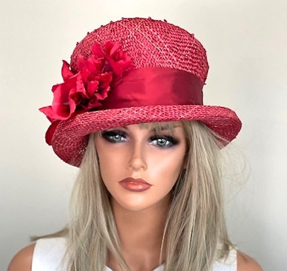 Wedding Hat, Derby Hat, Women's Red Summer Hat, Formal Red Straw Hat, Tea Party Hat, Church Hat, Dressy Red Hat, Special Occasion Hat