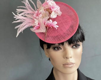 Women's Formal Hat, Wedding Guest Hat, Women's Pink Straw Hat, Church Hat, Wedding Hat, Derby Hat, Saucer Disc Hat, Princess Kate Hat