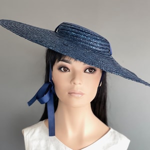 Women&#39;s Navy Blue Boater Hat Wide Brim Navy Hat Wedding Guest Hat Formal Navy Hat Vintage Boater Hat Sun Block Hat Garden Party Derby Hat