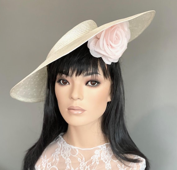 Kentucky Derby Hat, Wedding Hat, Ascot Hat, Women's Formal Wide Brim Hat, Ladies Ivory Racing Headwear, Church Hat, Women's Derby Polo Hat,