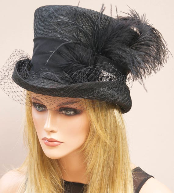 Women's Black Top Hat, Kentucky Derby Hat, Downton Abbey Hat, Mad Hatter, Ladies Black Hat, Black Hat with Veil, Funeral Hat, Victorian Hat