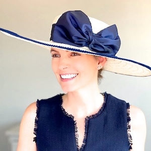 Women&#39;s Wide Brim Hat, Kentucky Derby Hat, Formal  Navy and Ivory Hat, Wedding Guest Hat, Church Hat, Garden Party Hat, Women&#39;s Formal Hat