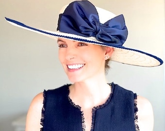 Women's Wide Brim Hat, Kentucky Derby Hat, Formal  Navy and Ivory Hat, Wedding Guest Hat, Church Hat, Garden Party Hat, Women's Formal Hat