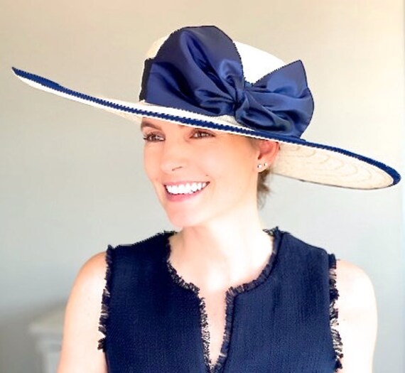 Kentucky Derby Hat, Women's Wide Brim Hat, Formal  Navy and Ivory Hat, Wedding Guest Hat, Women's Ivory and Black Hat, Church Hat,Dressy Hat