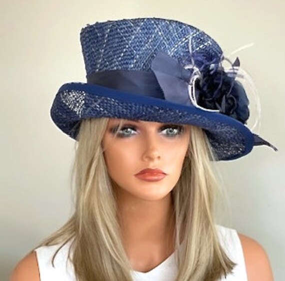 Women's Navy Blue Formal Straw Hat, Wedding Guest Hat, Kentucky Derby Hat, Ladies Summer Straw Hat, Garden Party Hat, Church Hat